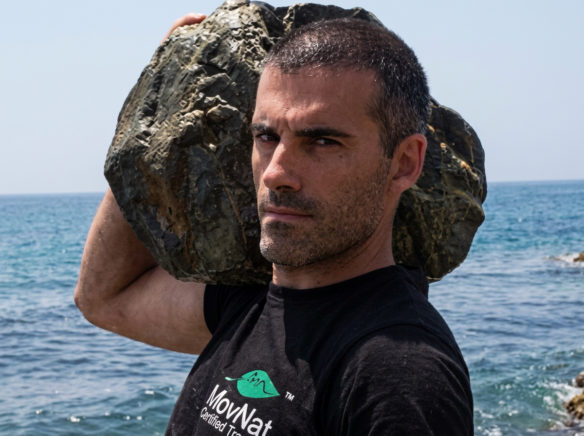 Rafa Diez entrenando fuerza natural con una roca junto al mar